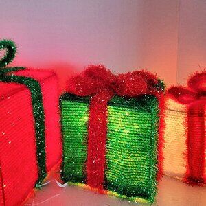 Set of 3 Lighted Tinsel Gift Boxes